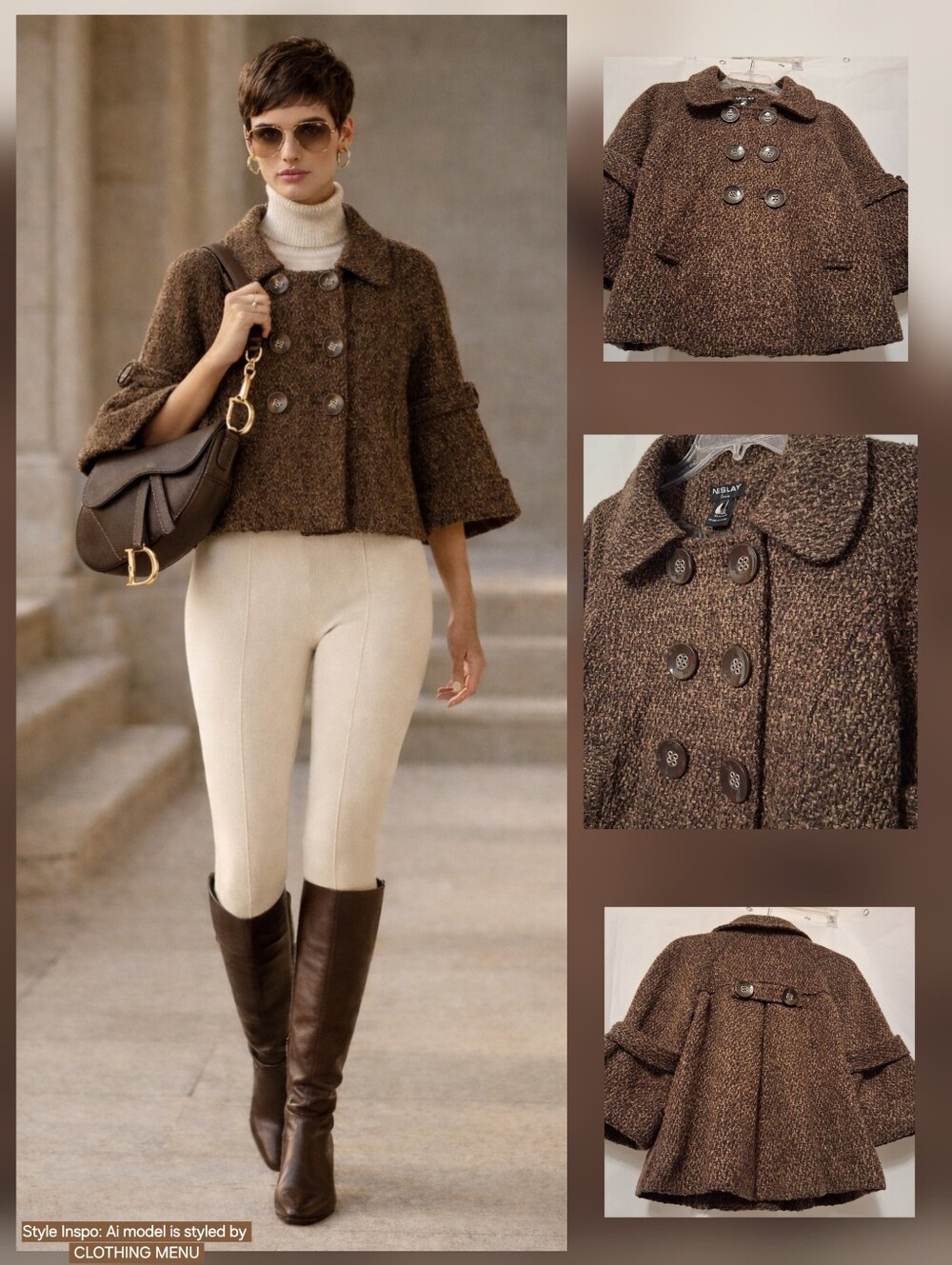 NESLAY PARIS Brown Wool Tweed Coat 3/4 Bell Sleeve Women Size Large - Vintage
